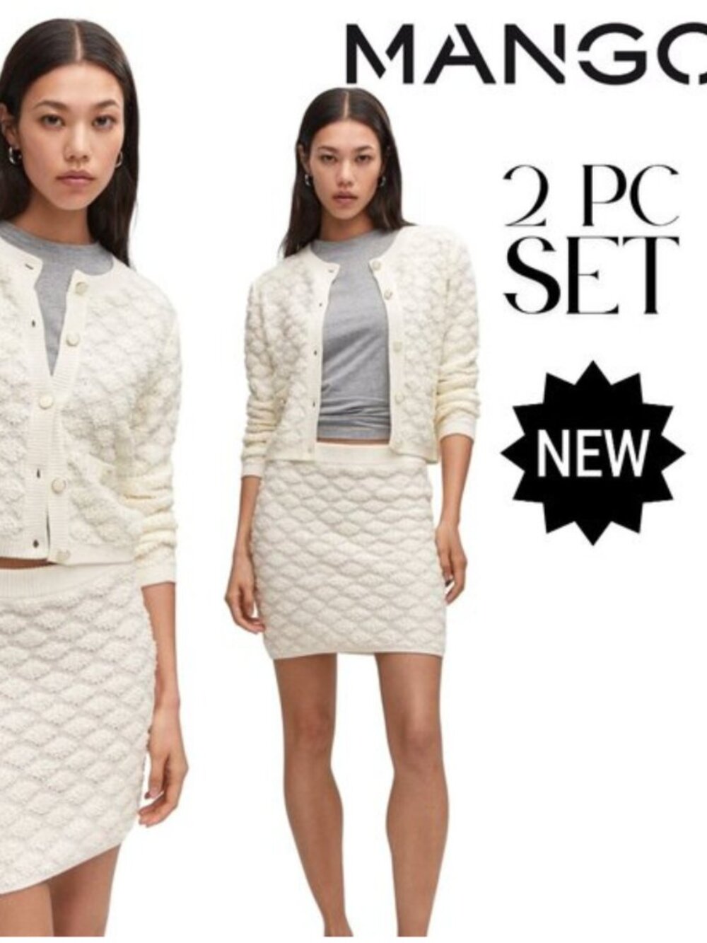 NWT NEW MANGO 2PC Ivory Knit Stretch Button-Up Cardigan & Matching Skirt SET 14